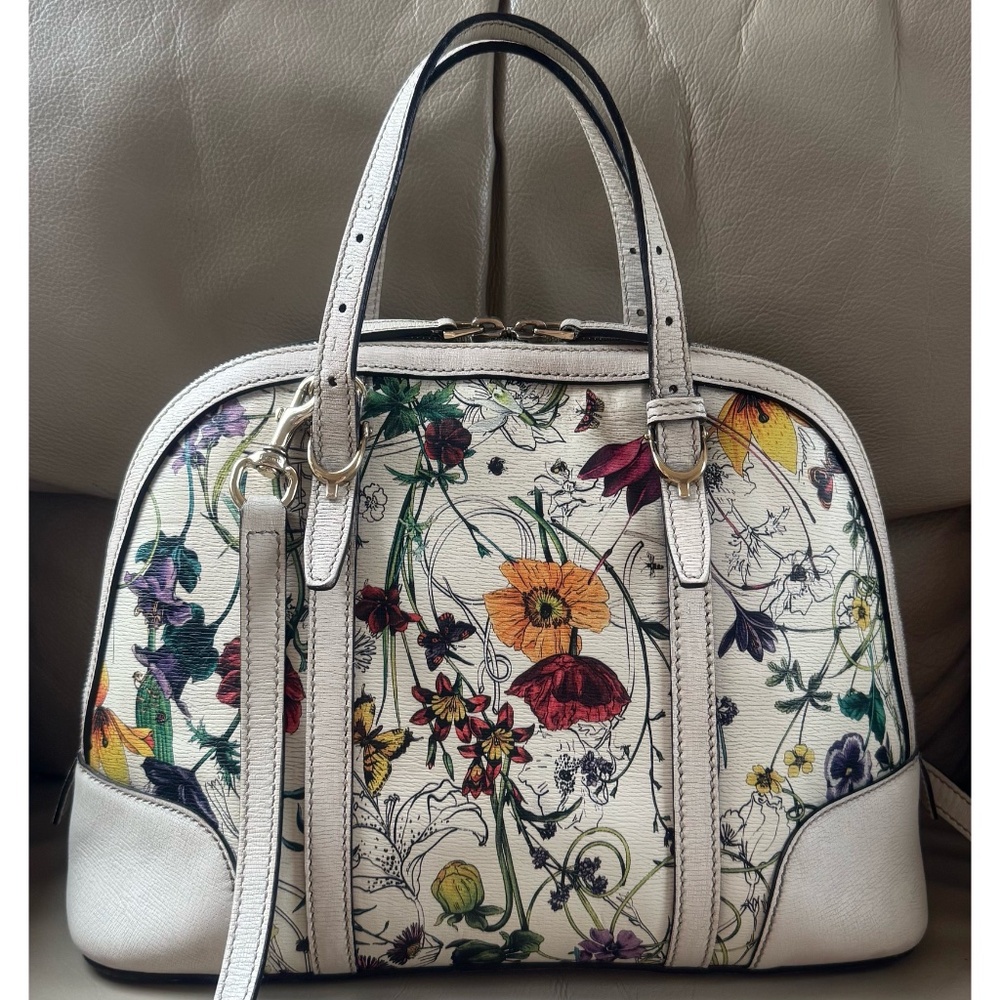 Authentic Gucci Floral Canvas White Leather Dome Satchel Crossbody Bag